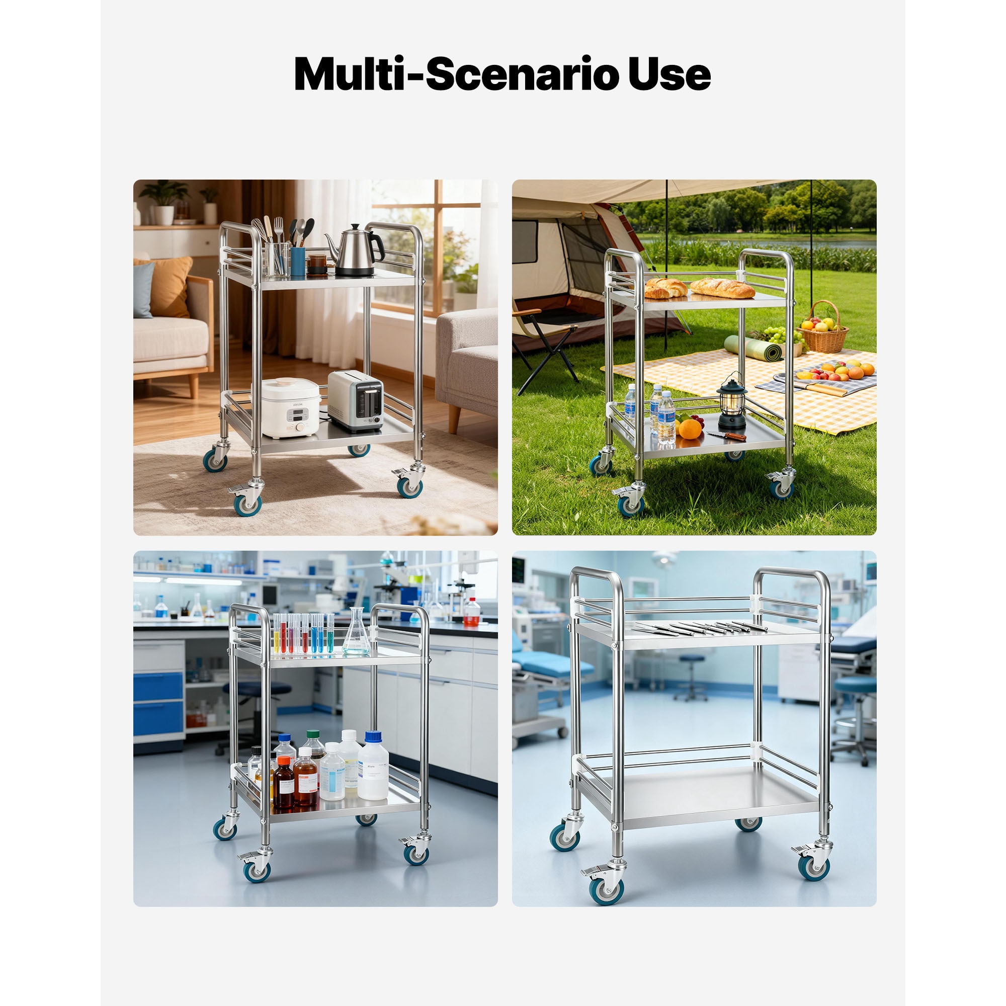 Stainless Steel Rolling Utility Cart With Lockable Wheels_voghion.com
